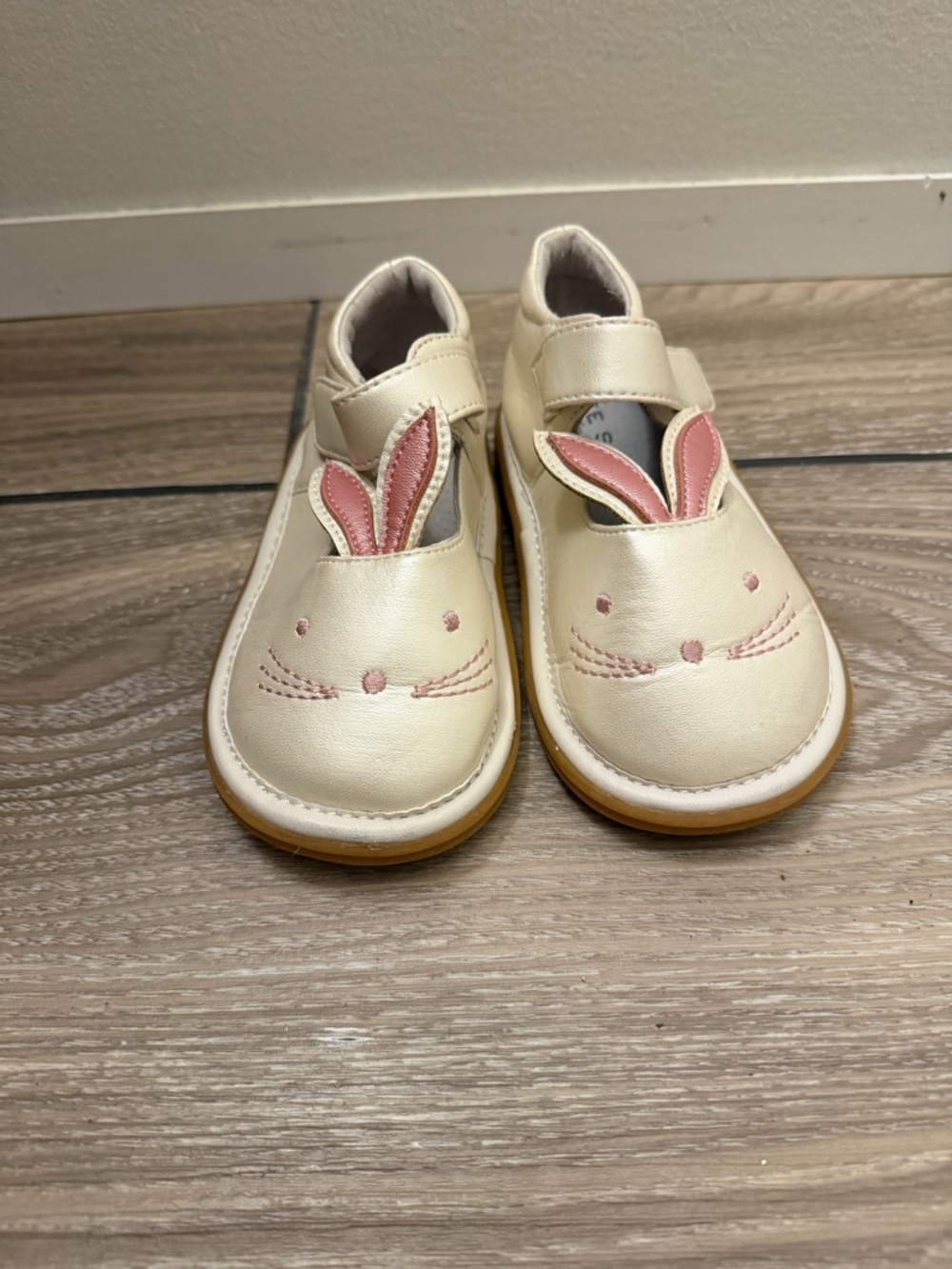 Wee Squeak Cream Bunny Mary Jane Kids Shoes with Pink Accents